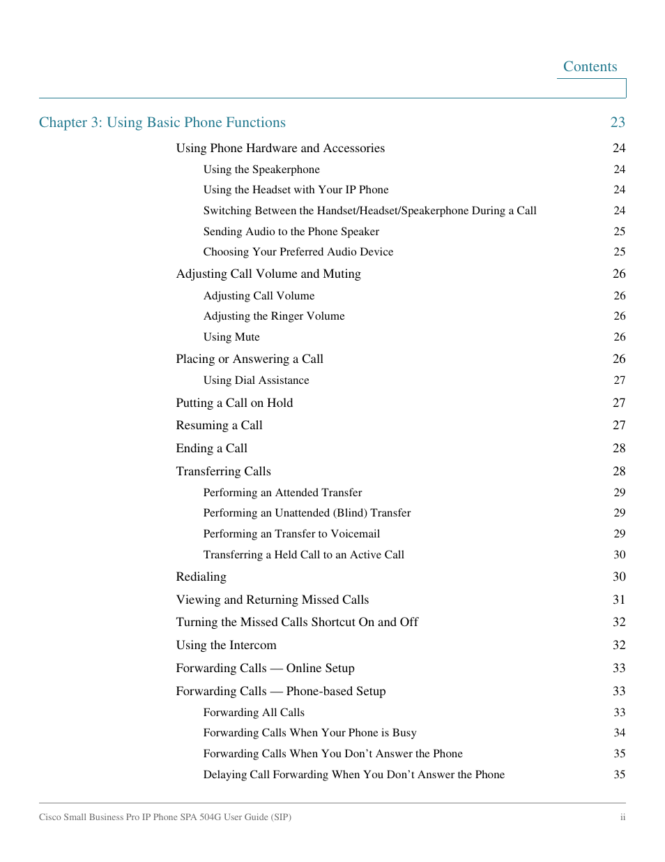 Contents chapter 3: using basic phone functions 23 | Cisco IP Phone SPA 504G User Manual | Page 4 / 68