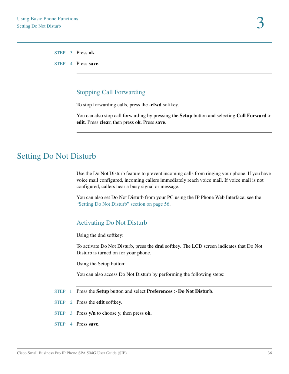 Stopping call forwarding, Setting do not disturb, Activating do not disturb | Cisco IP Phone SPA 504G User Manual | Page 42 / 68