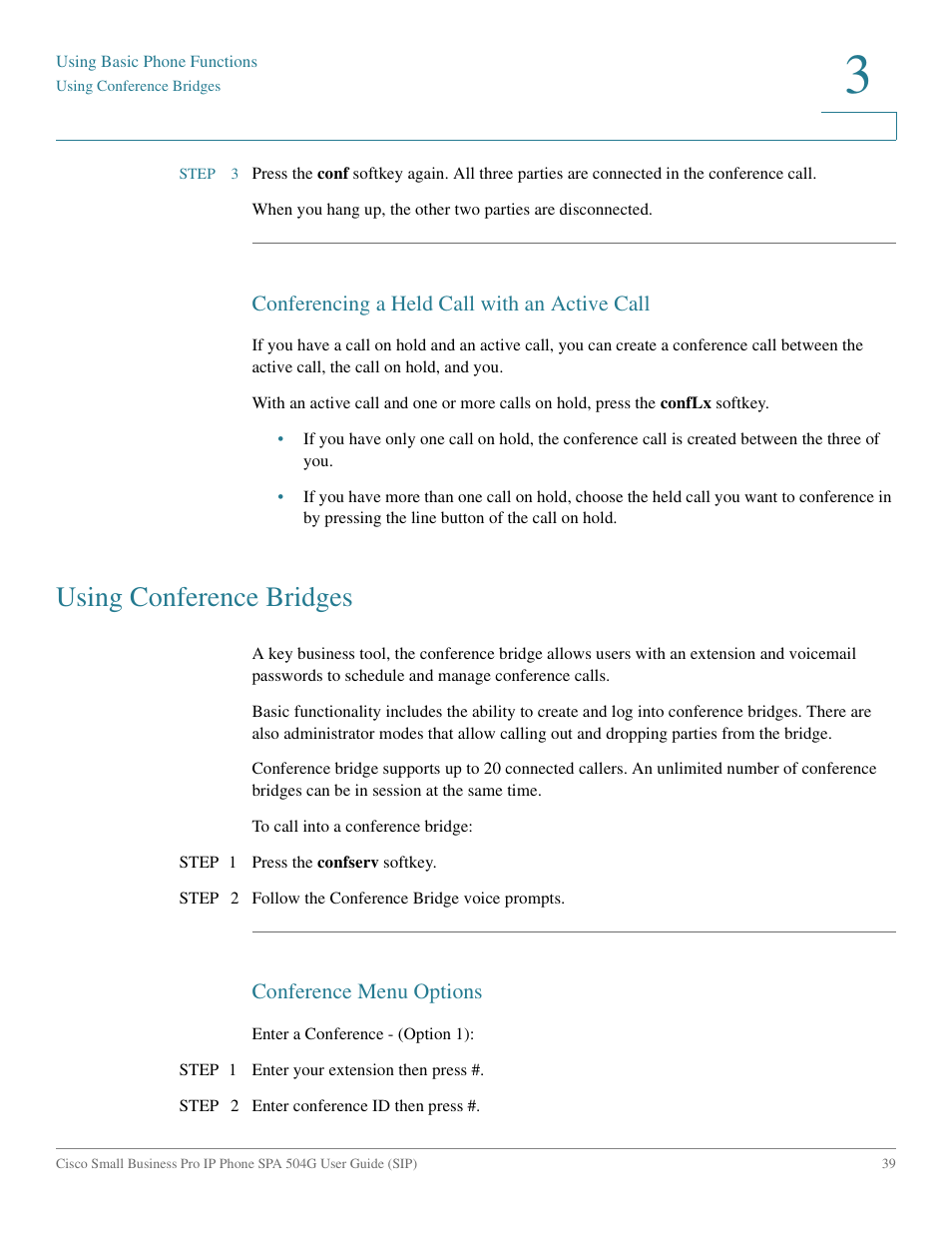 Conferencing a held call with an active call, Using conference bridges, Conference menu options | Cisco IP Phone SPA 504G User Manual | Page 45 / 68