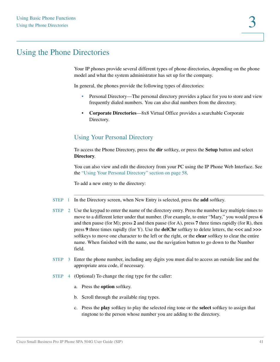 Using the phone directories, Using your personal directory | Cisco IP Phone SPA 504G User Manual | Page 47 / 68