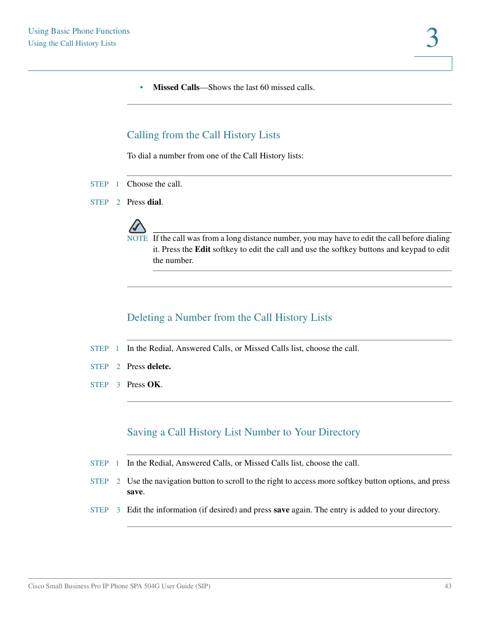 Calling from the call history lists, Deleting a number from the call history lists | Cisco IP Phone SPA 504G User Manual | Page 49 / 68