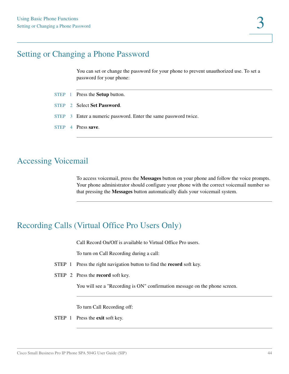 Setting or changing a phone password, Accessing voicemail, Recording calls (virtual office pro users only) | Cisco IP Phone SPA 504G User Manual | Page 50 / 68