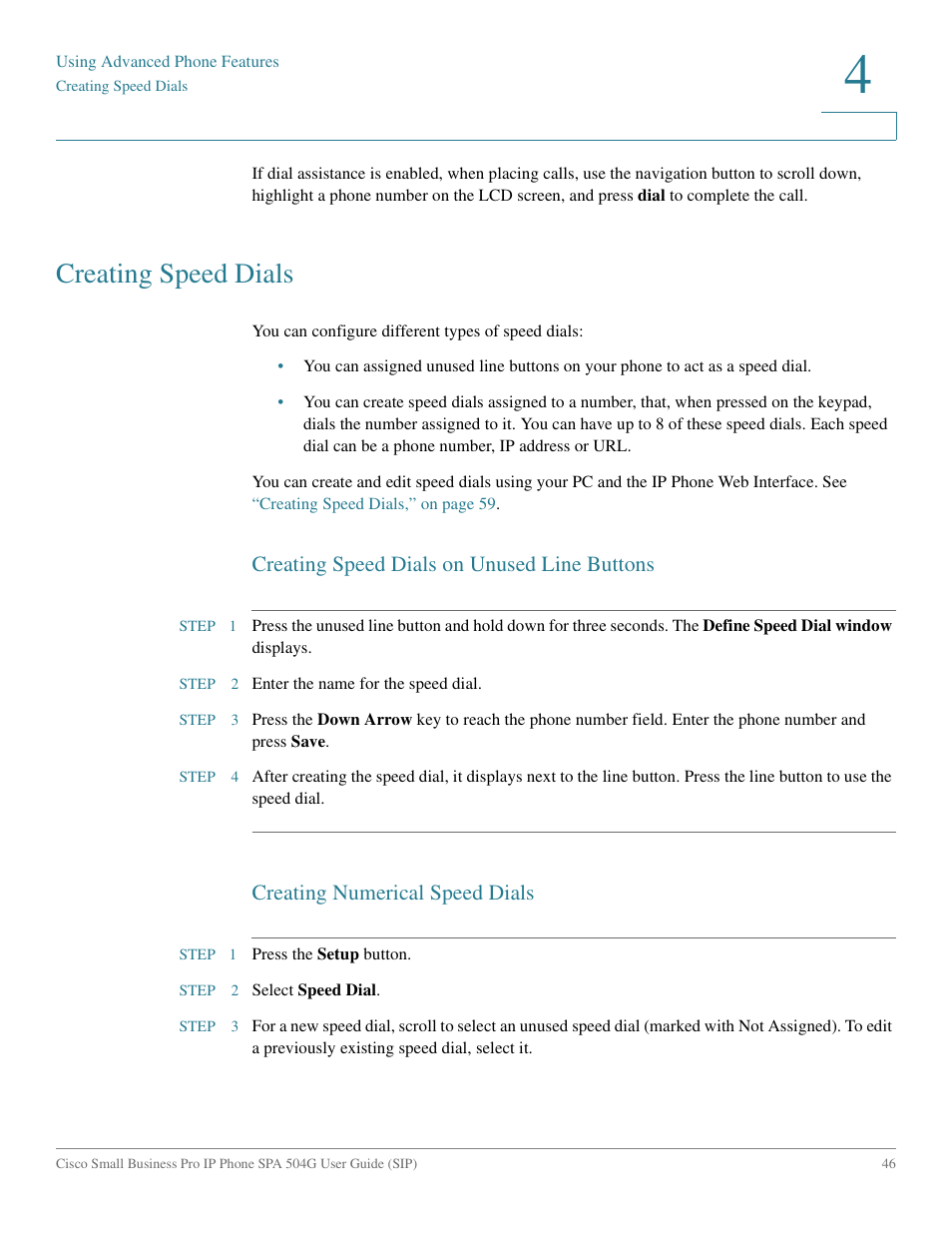 Creating speed dials, Creating speed dials on unused line buttons, Creating numerical speed dials | Cisco IP Phone SPA 504G User Manual | Page 52 / 68