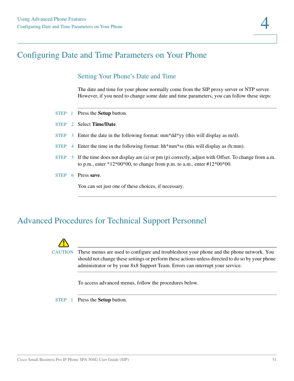 Configuring date and time parameters on your phone, Setting your phone’s date and time | Cisco IP Phone SPA 504G User Manual | Page 57 / 68