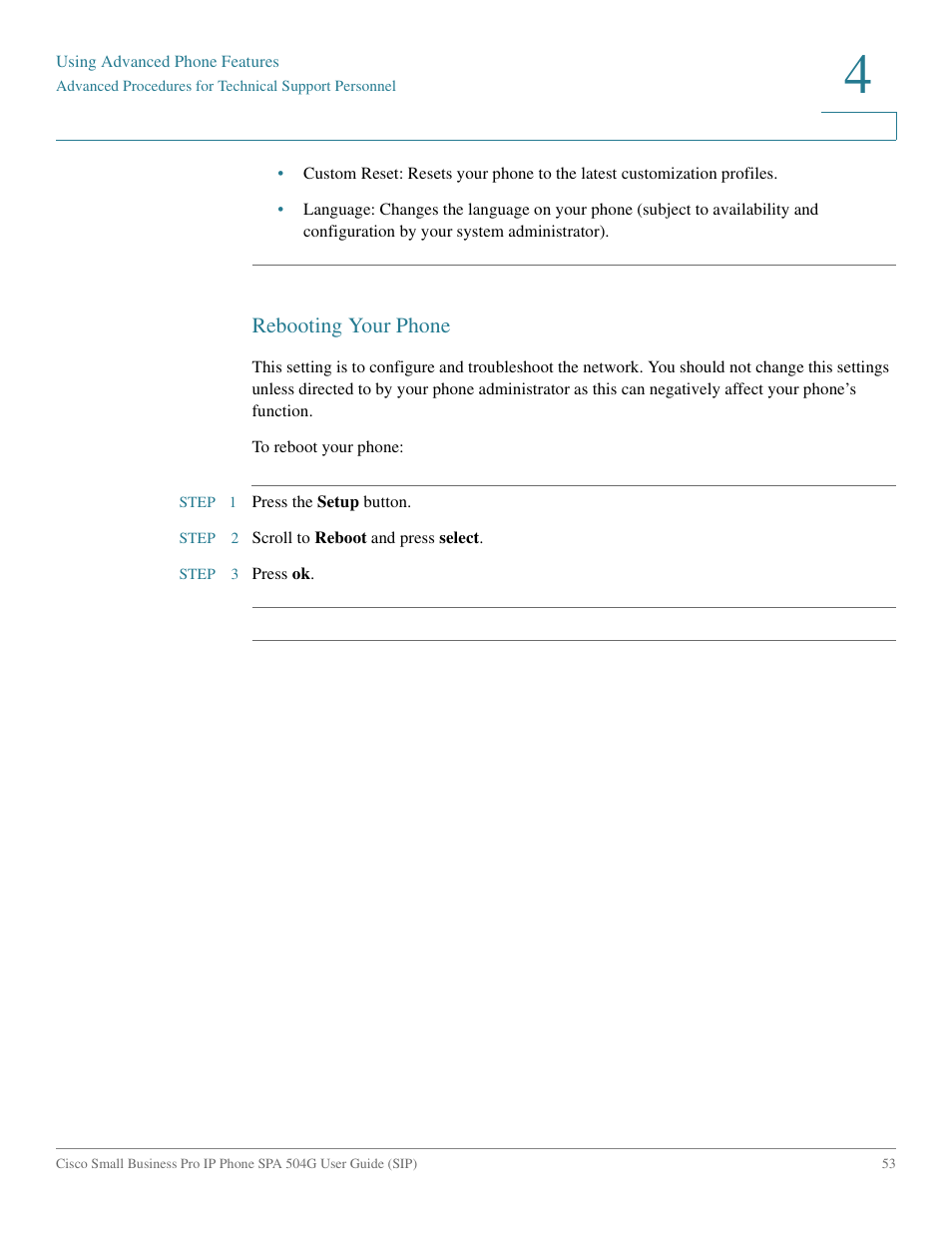 Rebooting your phone | Cisco IP Phone SPA 504G User Manual | Page 59 / 68