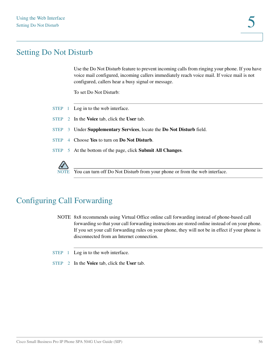 Setting do not disturb, Configuring call forwarding | Cisco IP Phone SPA 504G User Manual | Page 62 / 68