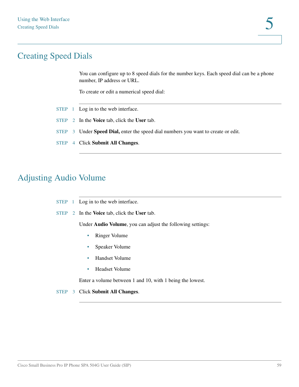 Creating speed dials, Adjusting audio volume | Cisco IP Phone SPA 504G User Manual | Page 65 / 68