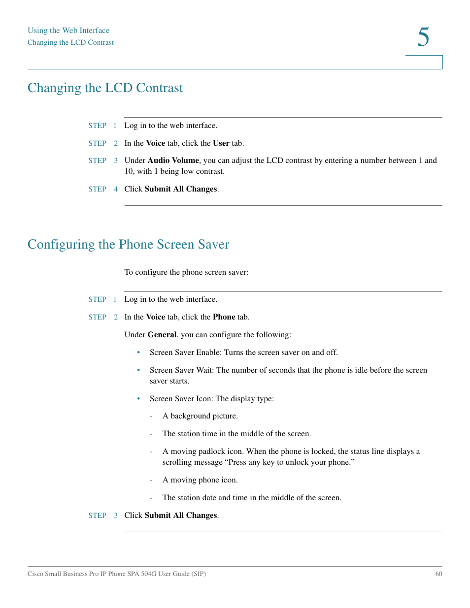 Changing the lcd contrast, Configuring the phone screen saver | Cisco IP Phone SPA 504G User Manual | Page 66 / 68