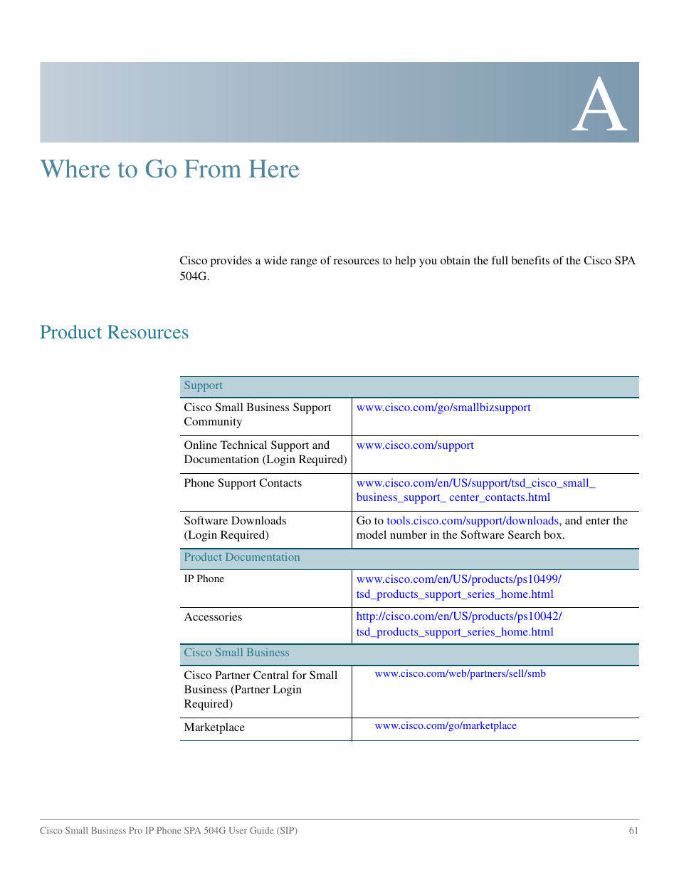 Where to go from here, Appendix a: where to go from here, Product resources 61 | Appendix a, Product resources | Cisco IP Phone SPA 504G User Manual | Page 67 / 68