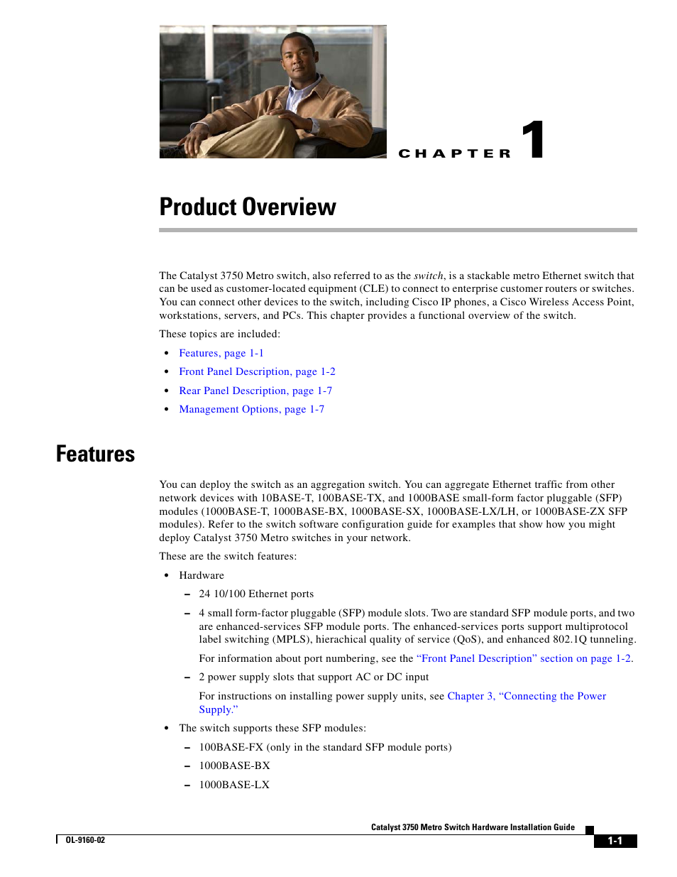 Product overview, Features, Chapter 1, “product overview | Cisco 3750 User Manual | Page 11 / 86