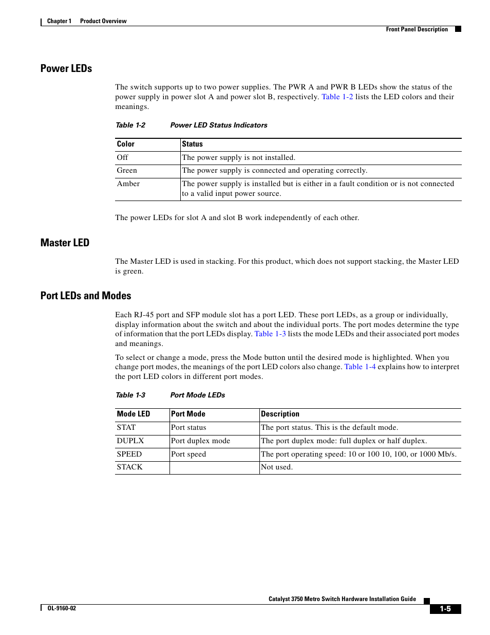 Power leds, Master led, Port leds and modes | Cisco 3750 User Manual | Page 15 / 86