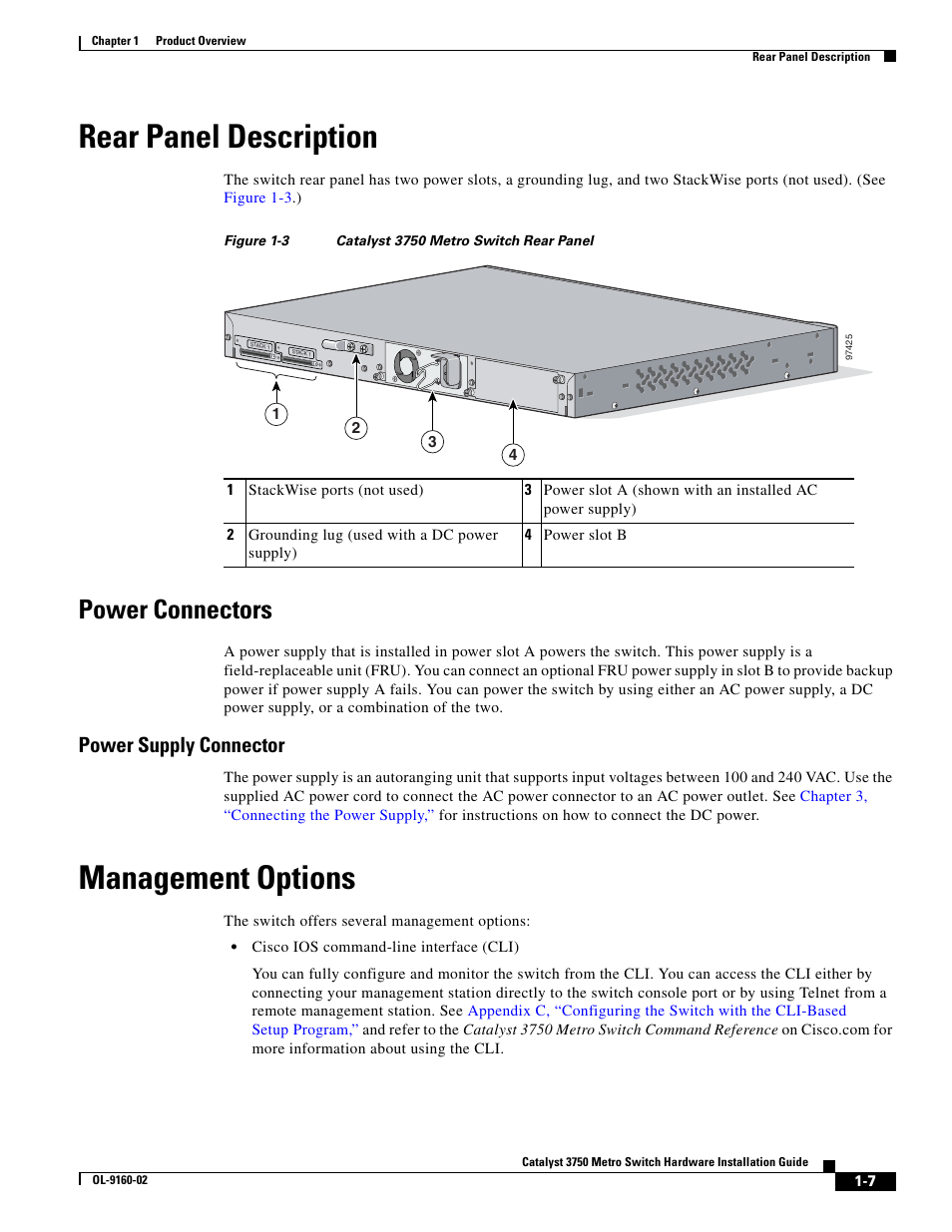 Rear panel description, Power connectors, Power supply connector | Management options | Cisco 3750 User Manual | Page 17 / 86