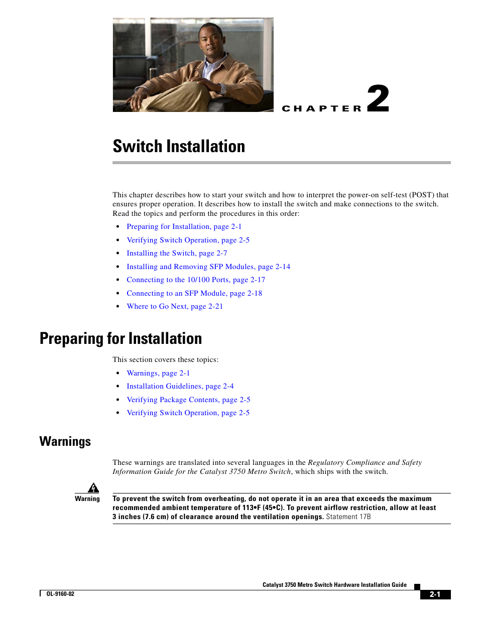 Switch installation, Preparing for installation, Warnings | Chapter 2, “switch installation, Incl | Cisco 3750 User Manual | Page 19 / 86
