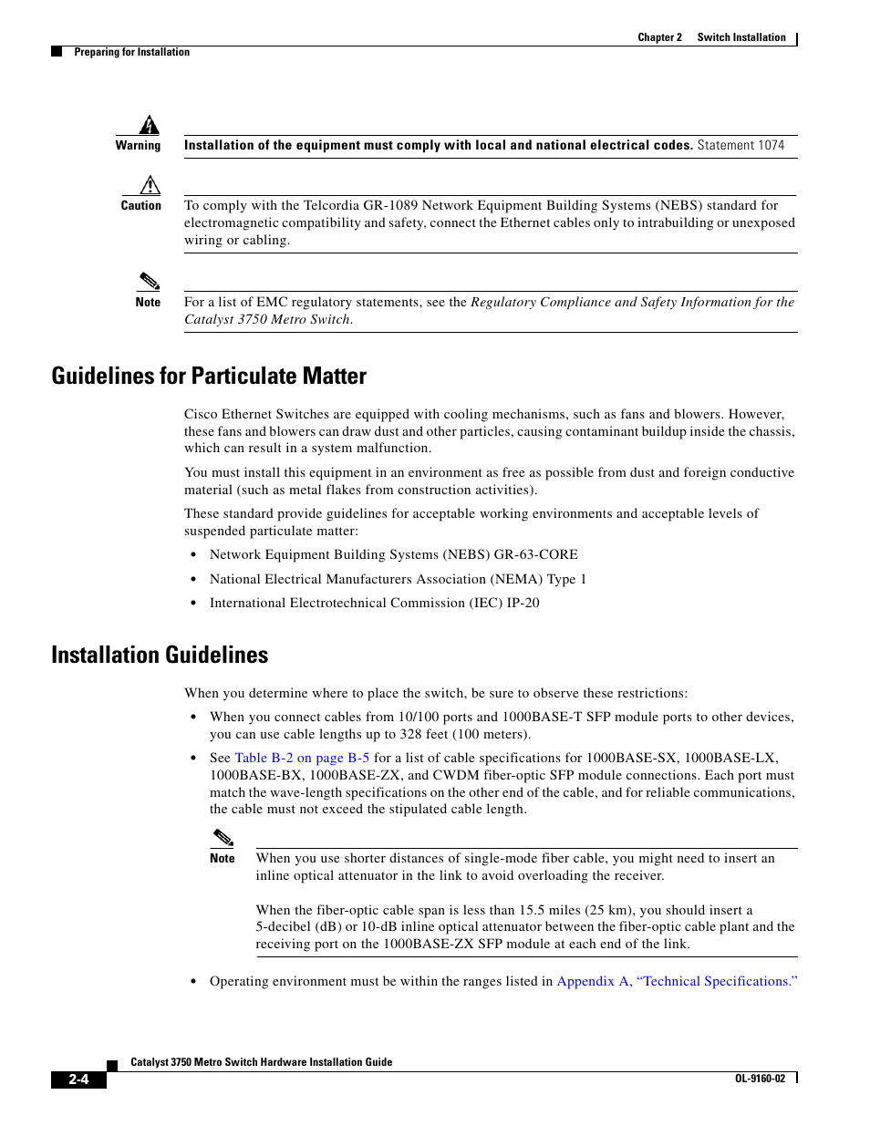 Guidelines for particulate matter, Installation guidelines | Cisco 3750 User Manual | Page 22 / 86
