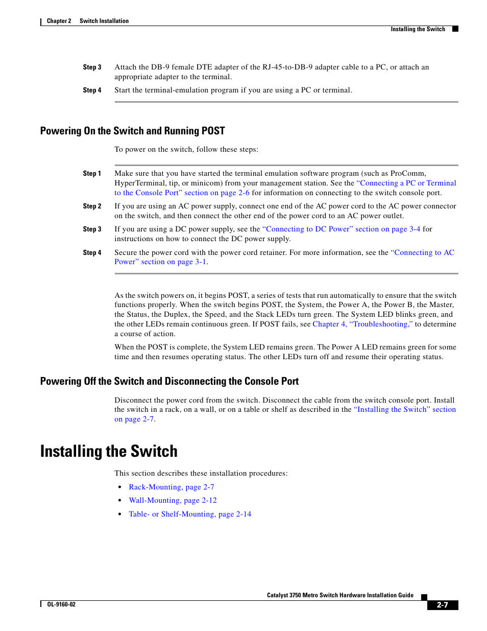 Powering on the switch and running post, Installing the switch | Cisco 3750 User Manual | Page 25 / 86