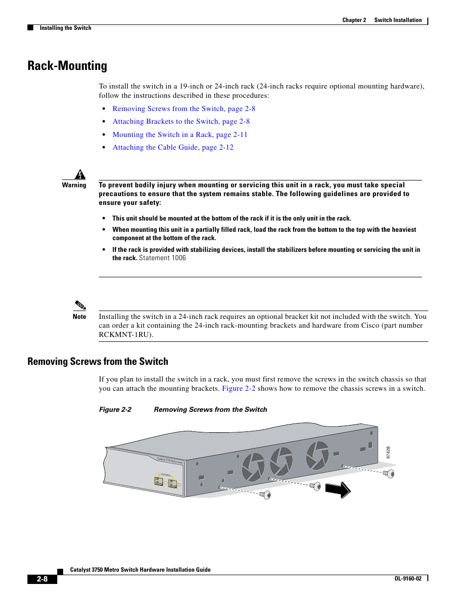 Rack-mounting, Removing screws from the switch | Cisco 3750 User Manual | Page 26 / 86