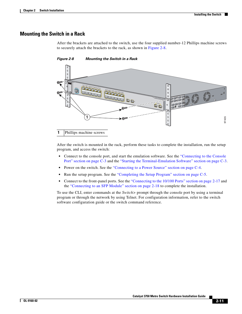 Mounting the switch in a rack, Figure 2-8 mounting the switch in a rack | Cisco 3750 User Manual | Page 29 / 86