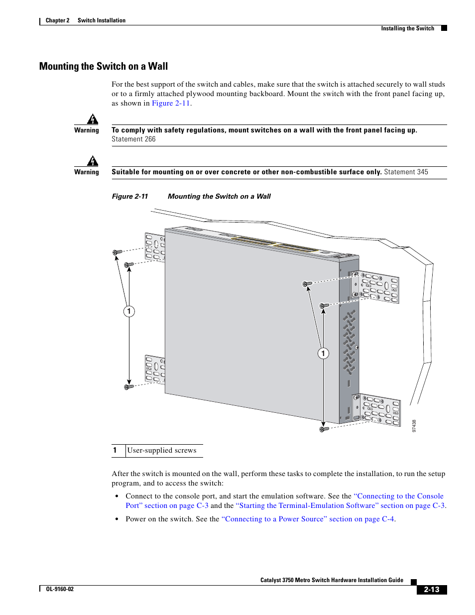 Mounting the switch on a wall | Cisco 3750 User Manual | Page 31 / 86