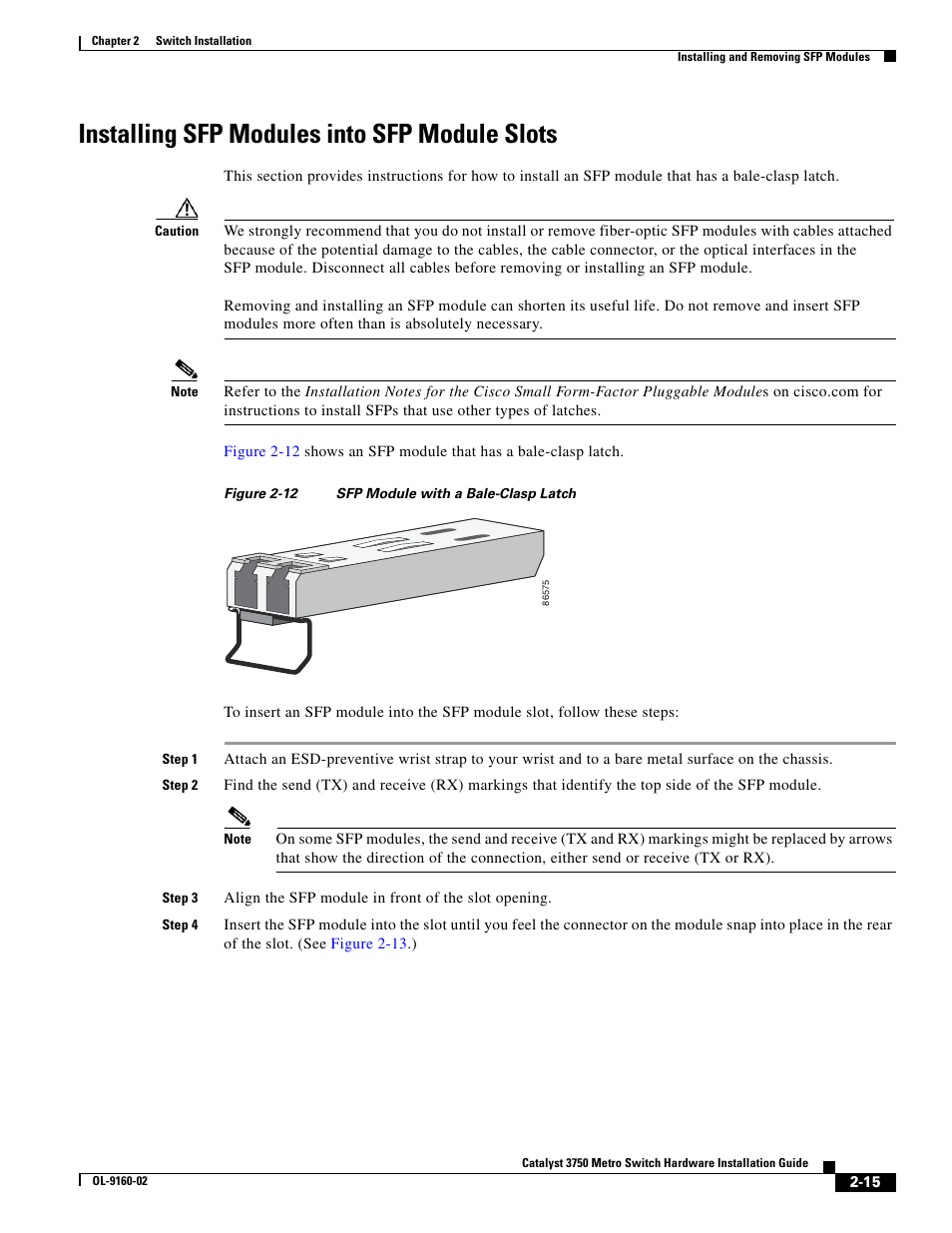 Installing sfp modules into sfp module slots | Cisco 3750 User Manual | Page 33 / 86