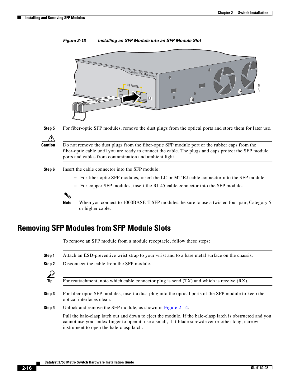 Removing sfp modules from sfp module slots | Cisco 3750 User Manual | Page 34 / 86