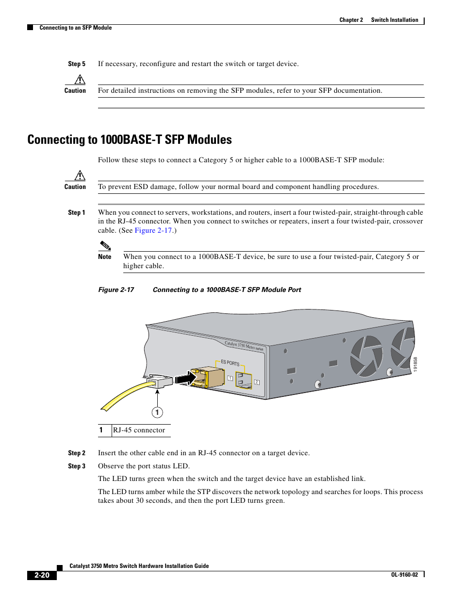 Connecting to 1000base-t sfp modules, Connecting to 1000base-t sfp | Cisco 3750 User Manual | Page 38 / 86