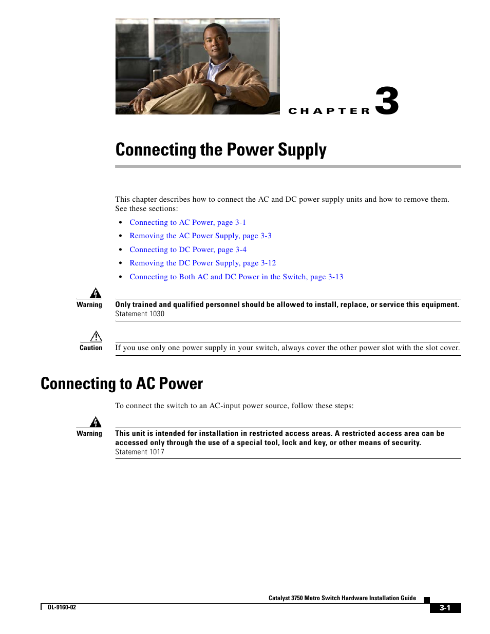 Connecting the power supply, Connecting to ac power, Chapter 3, “connecting the power supply | Chapter 3, “connecting the power, Supply, Chapter 3, For i, Connecting to ac | Cisco 3750 User Manual | Page 41 / 86