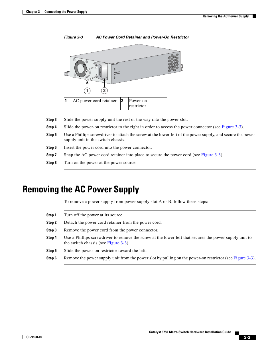 Removing the ac power supply, Figure 3-3 | Cisco 3750 User Manual | Page 43 / 86
