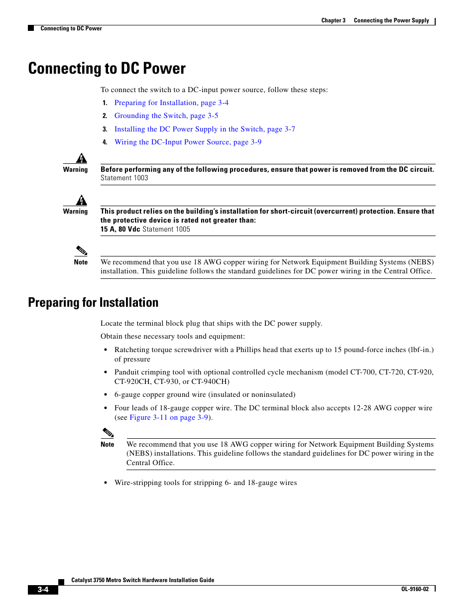 Connecting to dc power, Preparing for installation | Cisco 3750 User Manual | Page 44 / 86