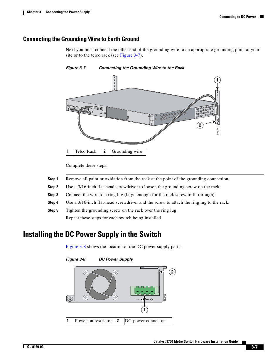 Connecting the grounding wire to earth ground, Installing the dc power supply in the switch | Cisco 3750 User Manual | Page 47 / 86