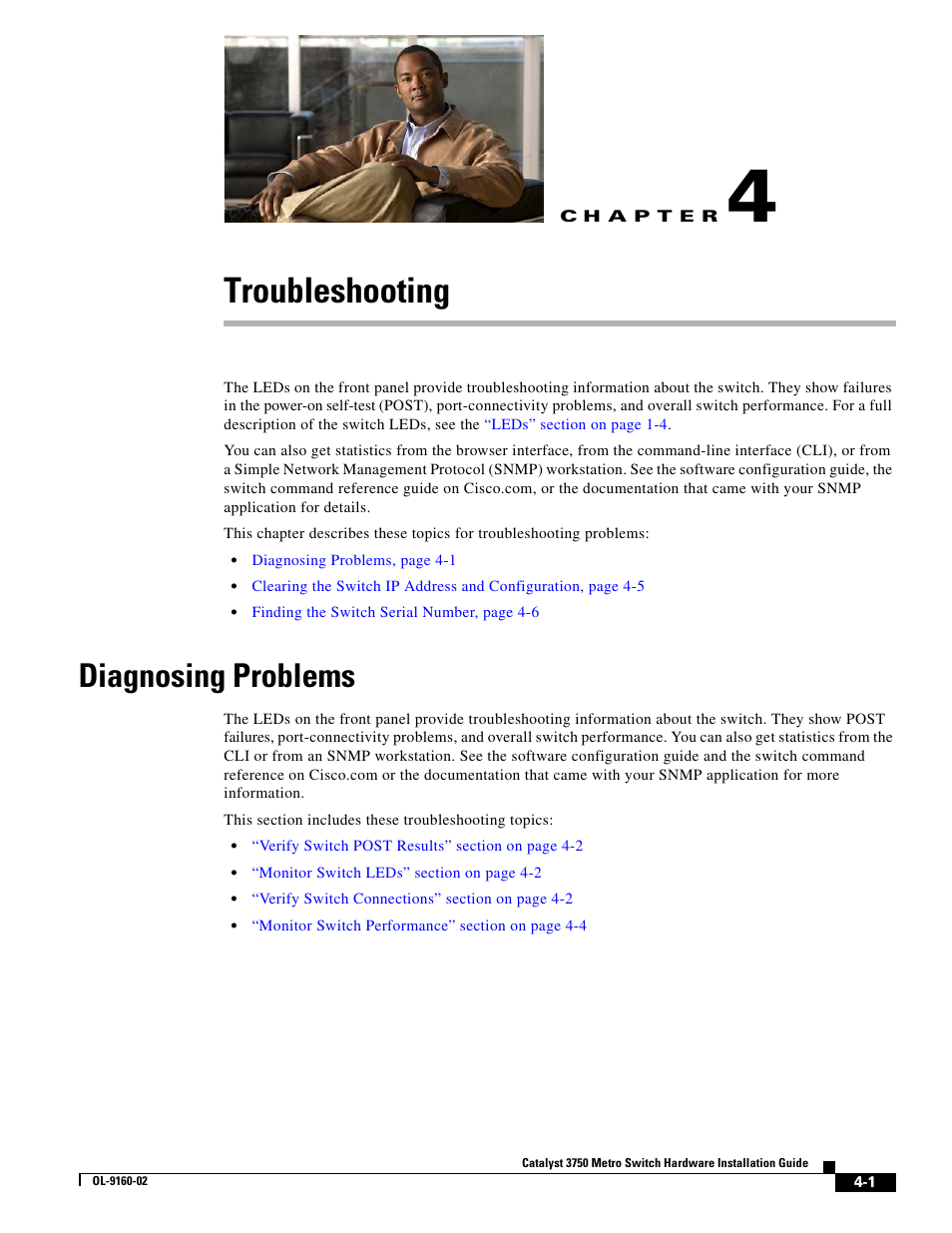 Troubleshooting, Diagnosing problems, Chapter 4, “troubleshooting | Cisco 3750 User Manual | Page 55 / 86