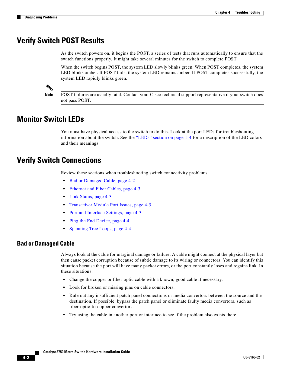 Verify switch post results, Monitor switch leds, Verify switch connections | Bad or damaged cable | Cisco 3750 User Manual | Page 56 / 86