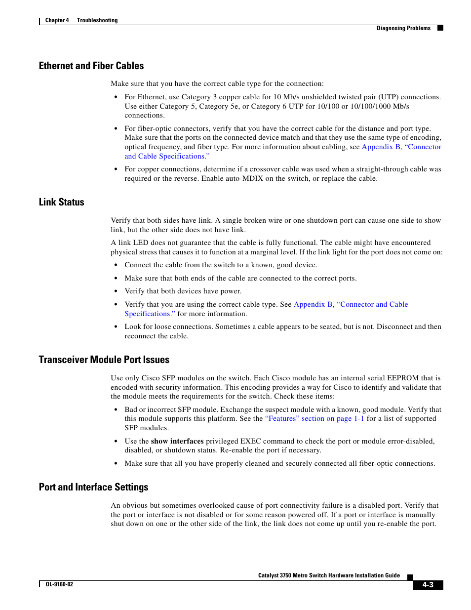 Ethernet and fiber cables, Link status, Transceiver module port issues | Port and interface settings | Cisco 3750 User Manual | Page 57 / 86