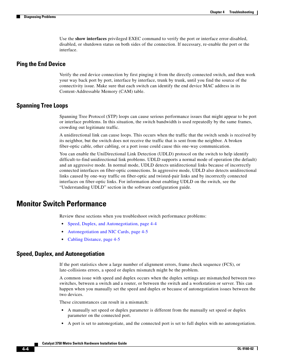 Ping the end device, Spanning tree loops, Monitor switch performance | Speed, duplex, and autonegotiation | Cisco 3750 User Manual | Page 58 / 86