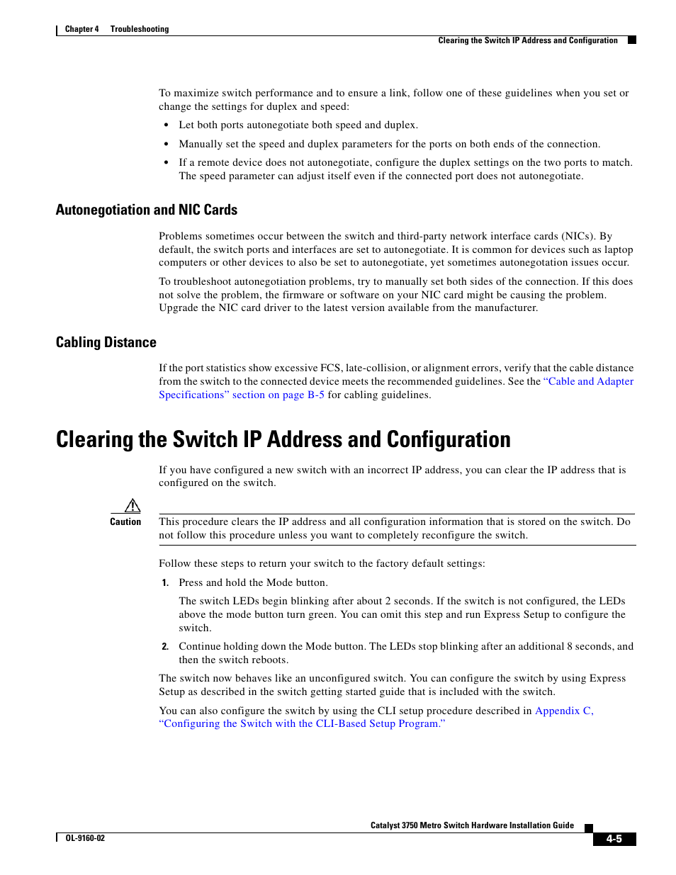 Autonegotiation and nic cards, Cabling distance, Clearing the switch ip address and configuration | Cisco 3750 User Manual | Page 59 / 86