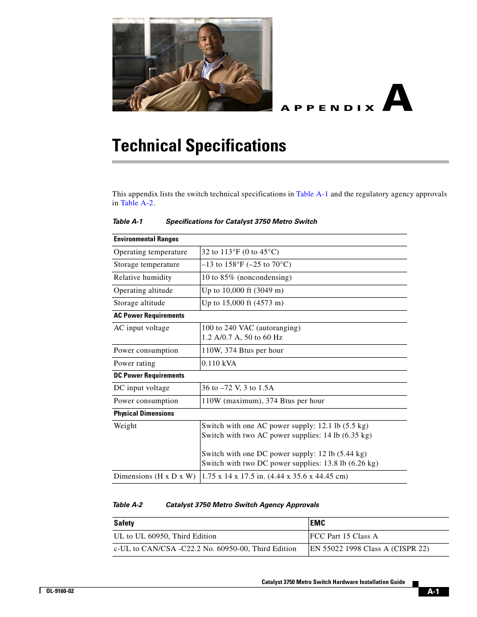 Technical specifications, Appendix a, “technical specifications | Cisco 3750 User Manual | Page 61 / 86