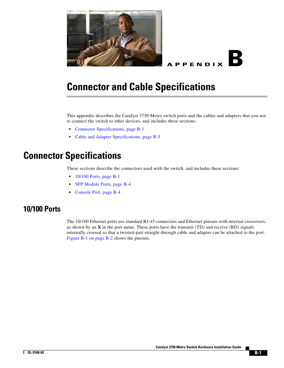 Connector and cable specifications, Connector specifications, 10/100 ports | Appendix b, “connector and cable specifications, Appendix b, “connector, And cable specifications, Appendix b, “connector and cable, Specifications | Cisco 3750 User Manual | Page 63 / 86