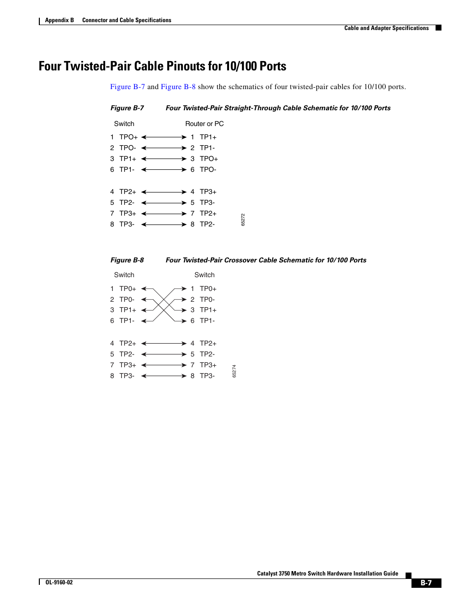 Four twisted-pair cable pinouts for 10/100 ports, For more i | Cisco 3750 User Manual | Page 69 / 86