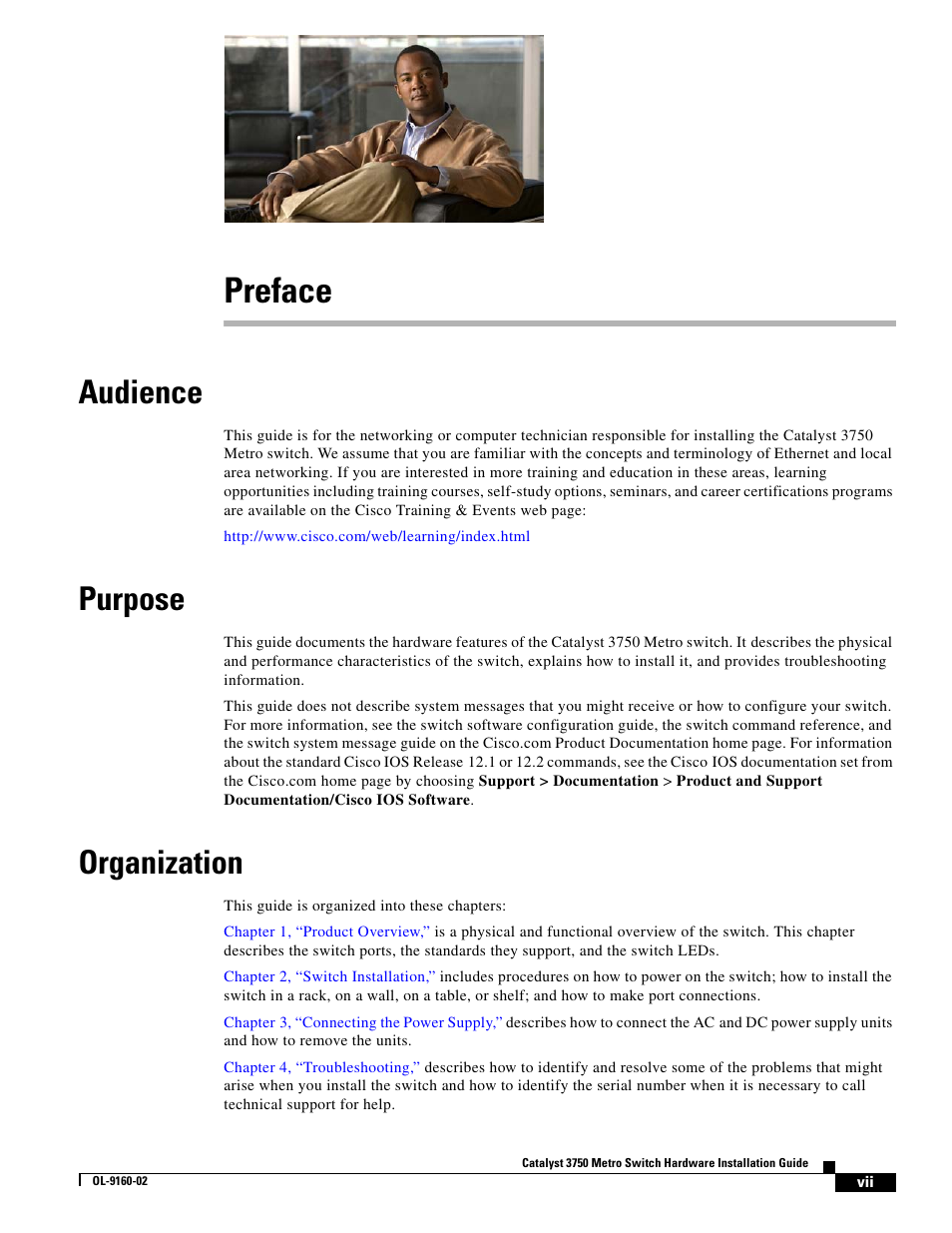 Preface, Audience, Purpose | Organization | Cisco 3750 User Manual | Page 7 / 86