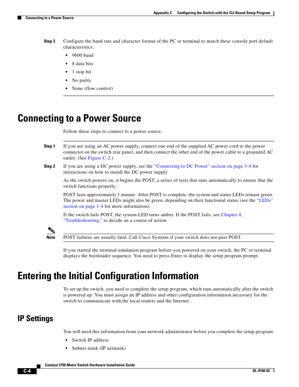 Connecting to a power source, Entering the initial configuration information, Ip settings | Cisco 3750 User Manual | Page 76 / 86