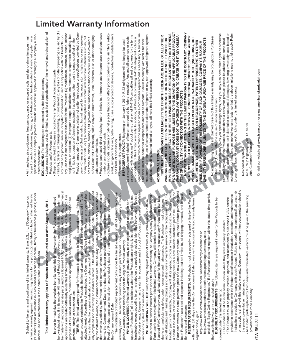Limited warranty information | Trane XR80 User Manual | Page 11 / 12