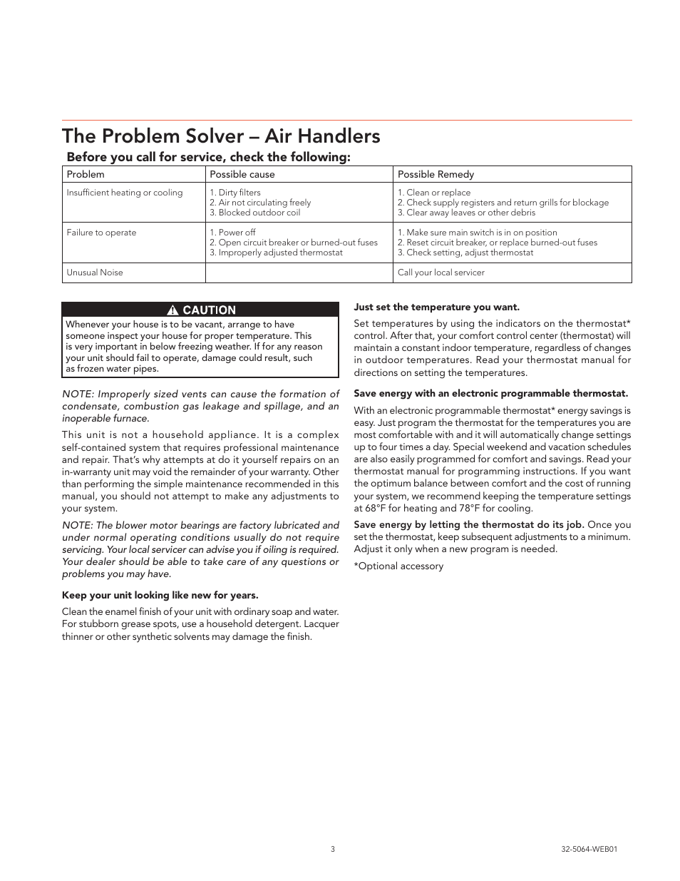 The problem solver – air handlers, Before you call for service, check the following | Trane XR80 User Manual | Page 3 / 12