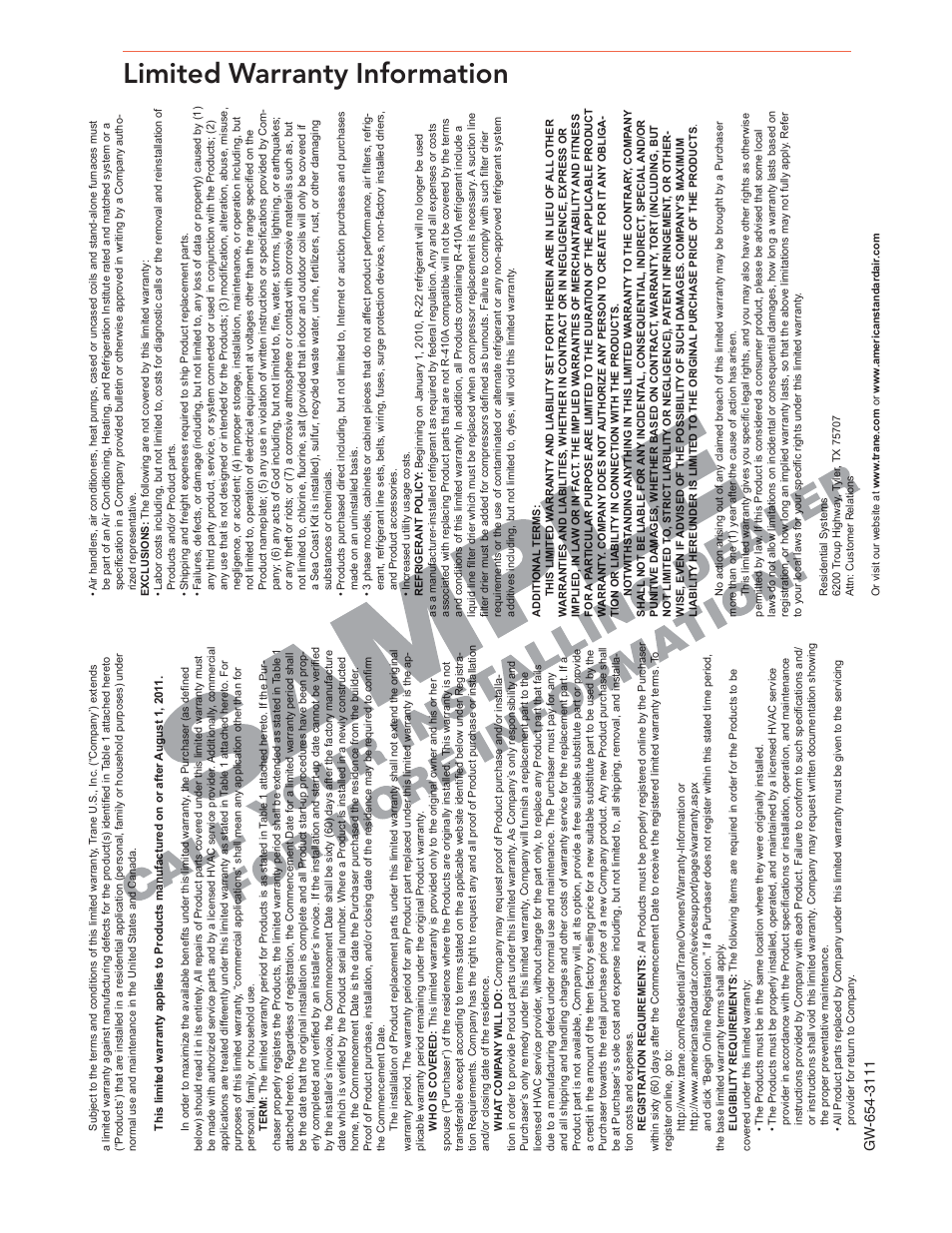 Limited warranty information | Trane XR80 User Manual | Page 4 / 12