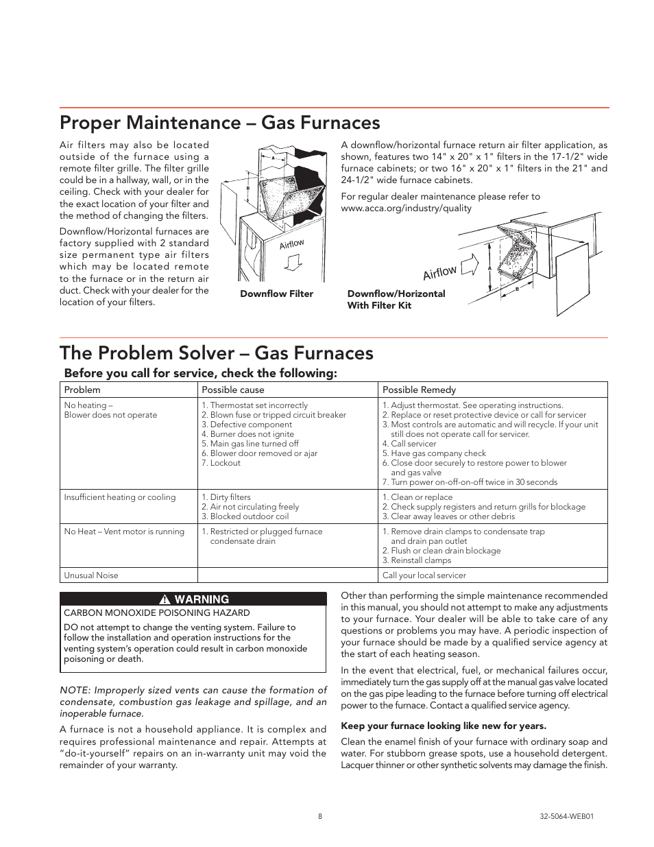 Proper maintenance – gas furnaces, The problem solver – gas furnaces, Airflow | Before you call for service, check the following | Trane XR80 User Manual | Page 8 / 12