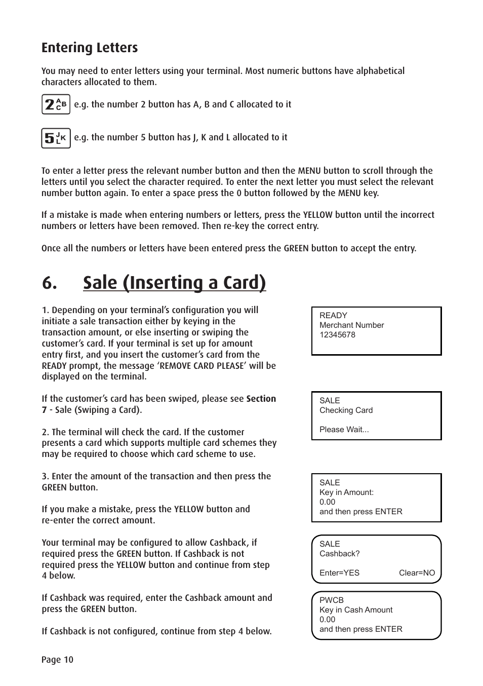 Sale (inserting a card), Entering letters | Ingenico ict220 User Manual | Page 11 / 34