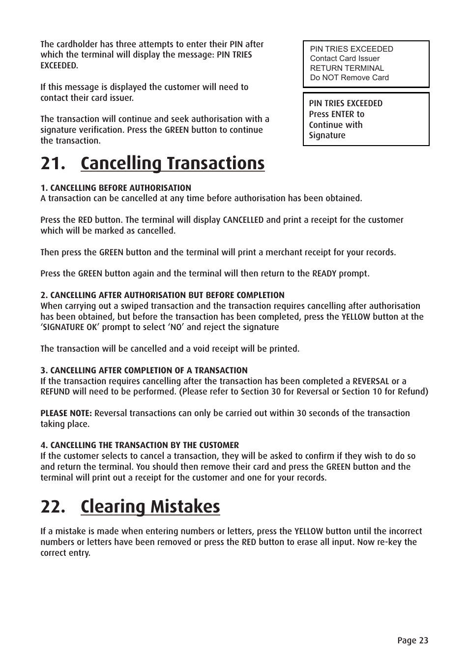 Cancelling transactions, Clearing mistakes | Ingenico ict220 User Manual | Page 24 / 34