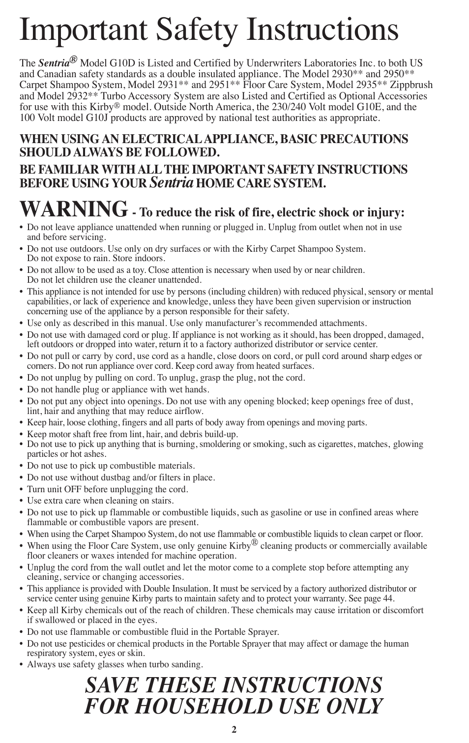Important safety instructions, Warning, Save these instructions for household use only | Sentria, Home care system | Kirby Sentria User Manual | Page 3 / 58