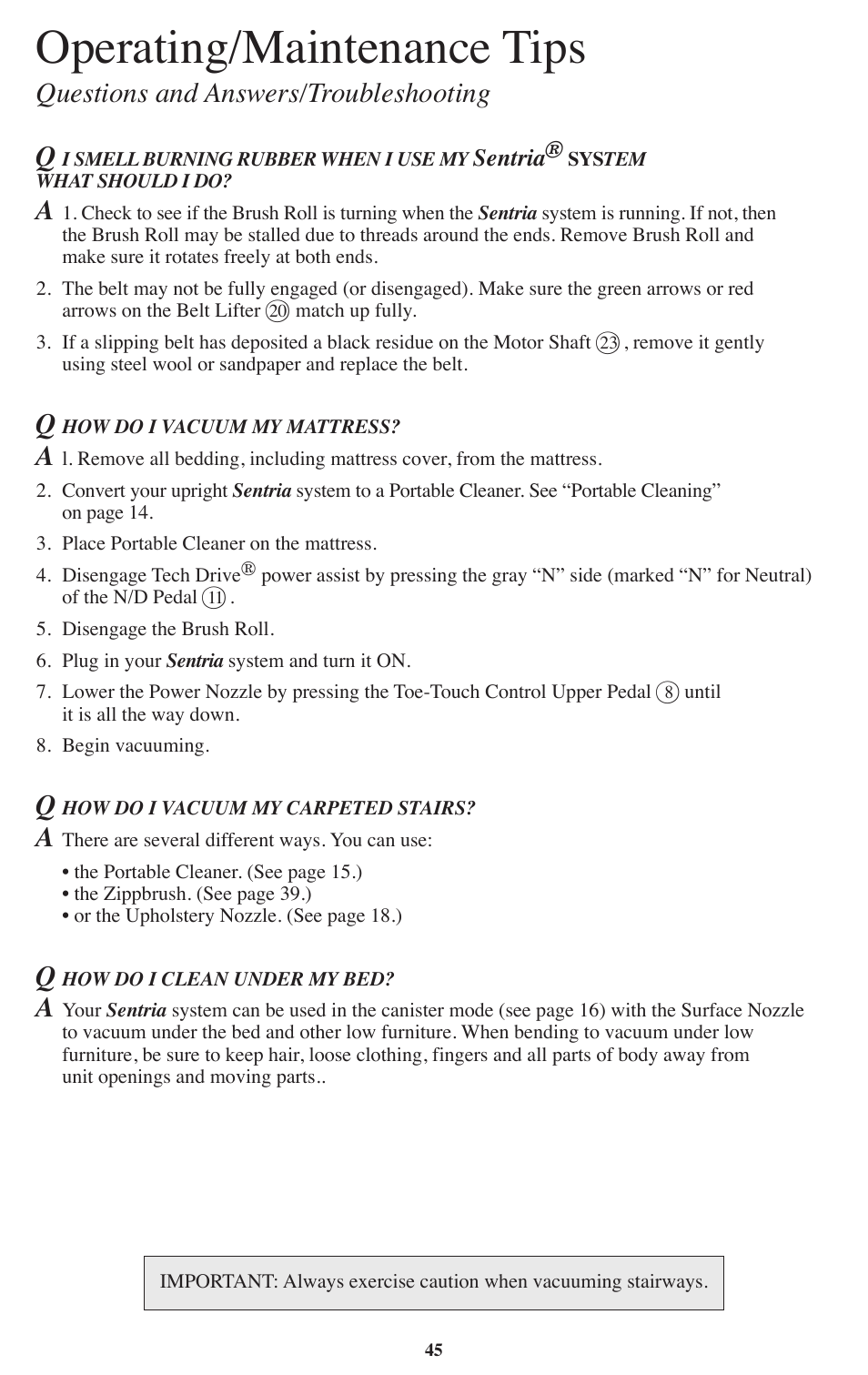 Operating/maintenance tips, Questions and answers/troubleshooting q | Kirby Sentria User Manual | Page 46 / 58