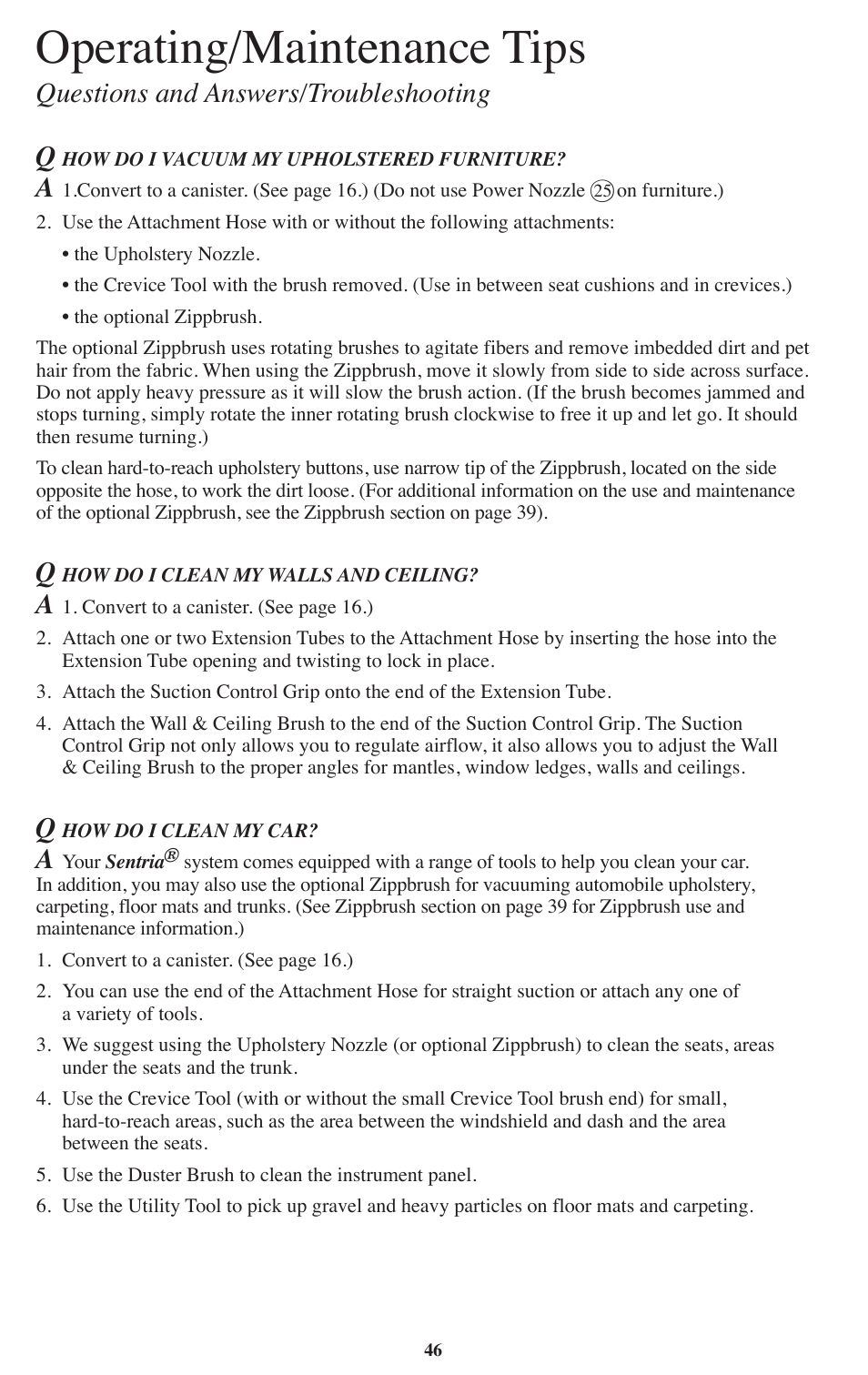 Operating/maintenance tips, Questions and answers/troubleshooting | Kirby Sentria User Manual | Page 47 / 58