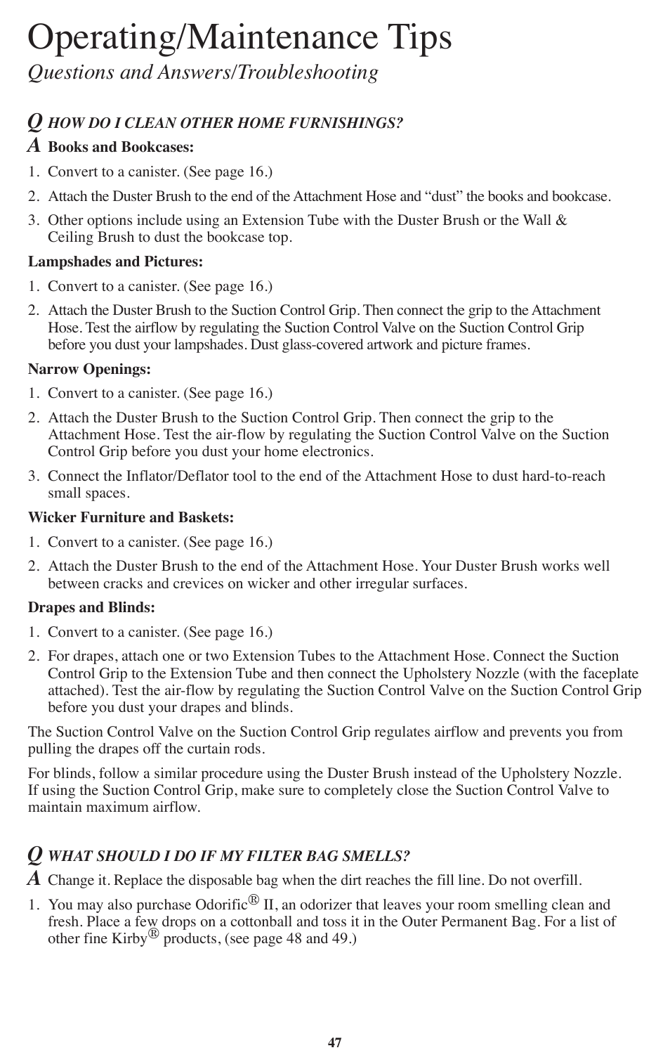 Operating/maintenance tips, Questions and answers/troubleshooting | Kirby Sentria User Manual | Page 48 / 58