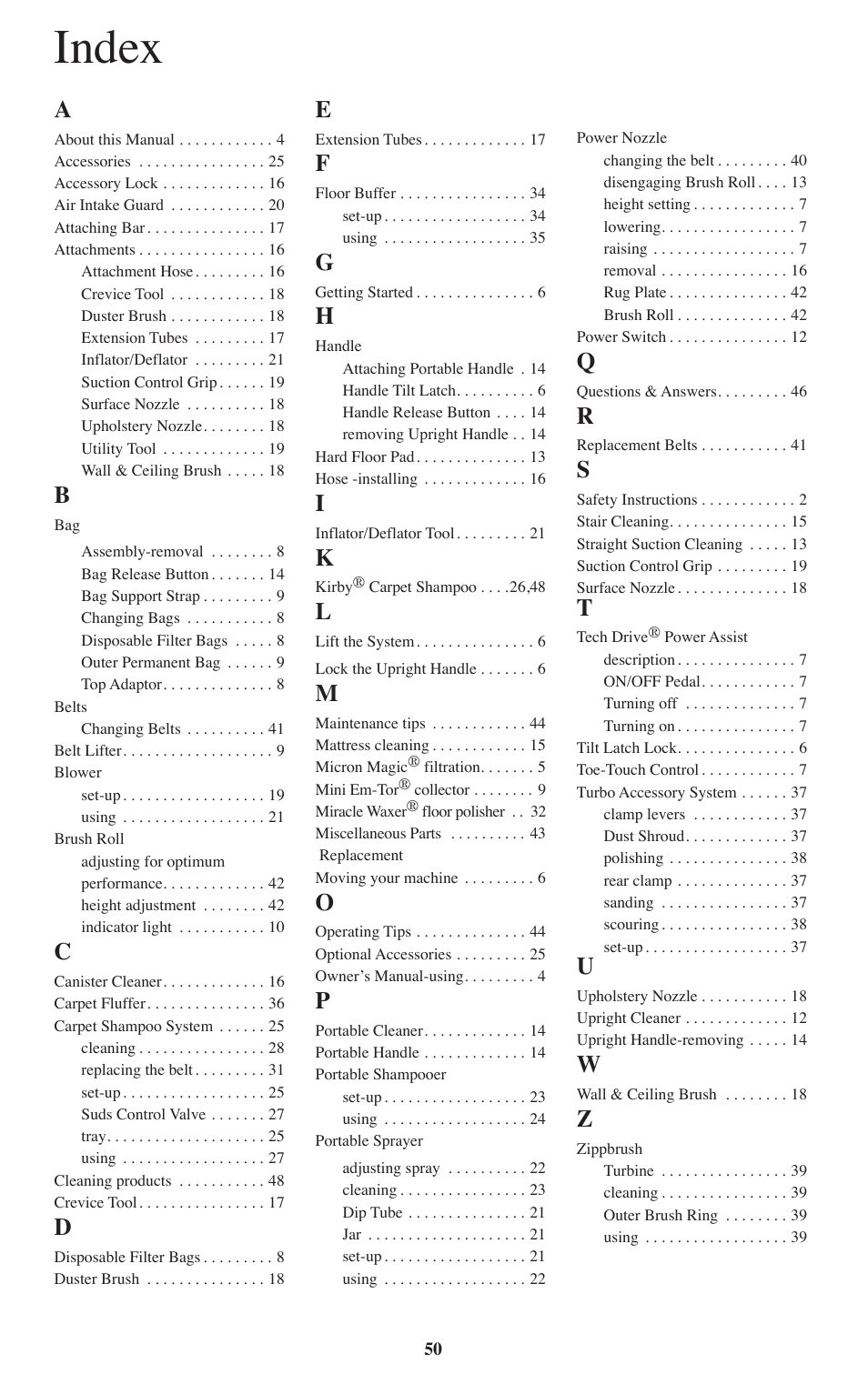 Index | Kirby Sentria User Manual | Page 51 / 58